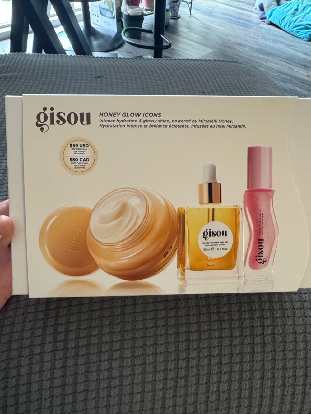 NIB Gisou Honey Glow Icons Skincare & Hair Oil Set - hair mask, oil, lipgloss